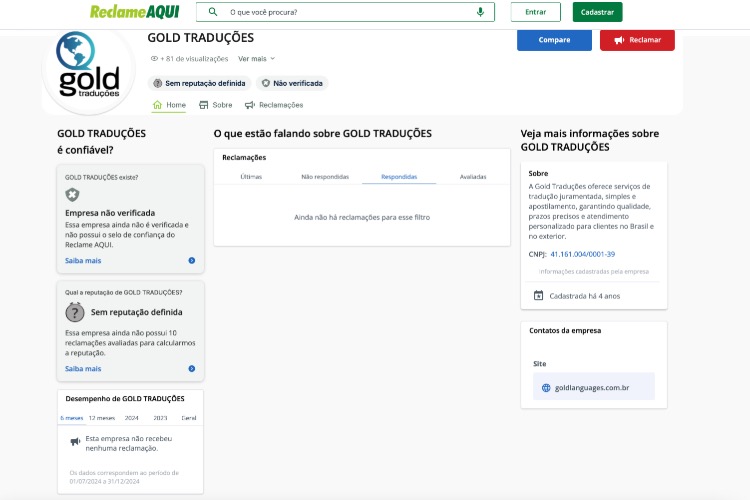 Perfil da Gold Traduções no Reclame Aqui.