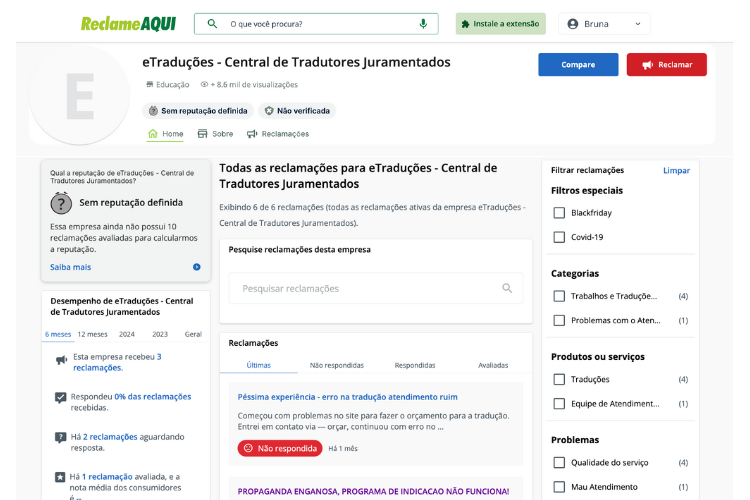 Avaliação da eTraduções no Reclame Aqui.