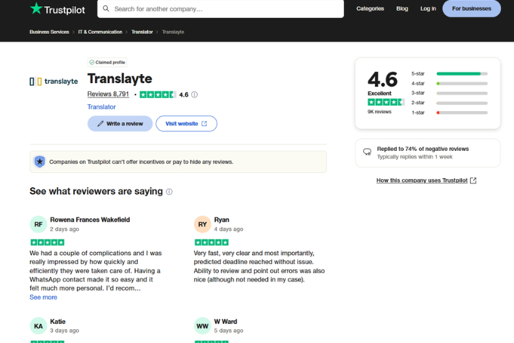 Avaliação da Translayte no Trustpilot