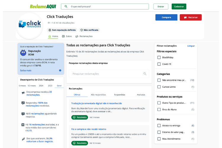 Avaliação da Click Traduções no Reclame Aqui.