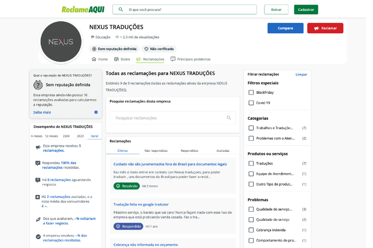 Perfil da Nexus Traduções no Reclame Aqui.