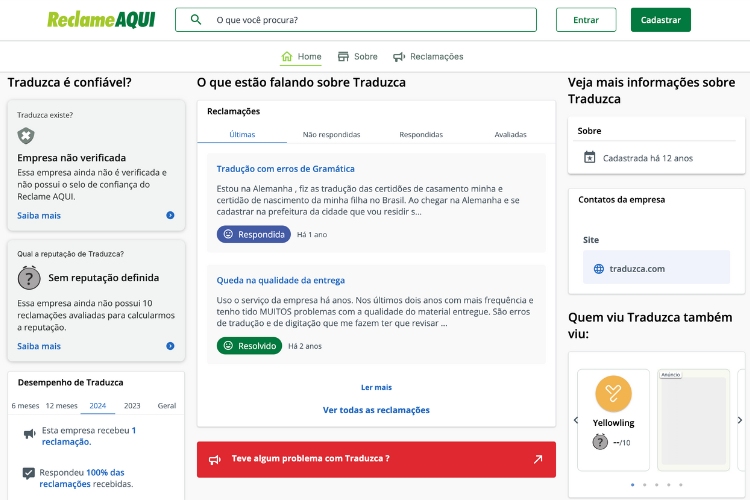 Avaliação da Traduzca no Reclame Aqui.