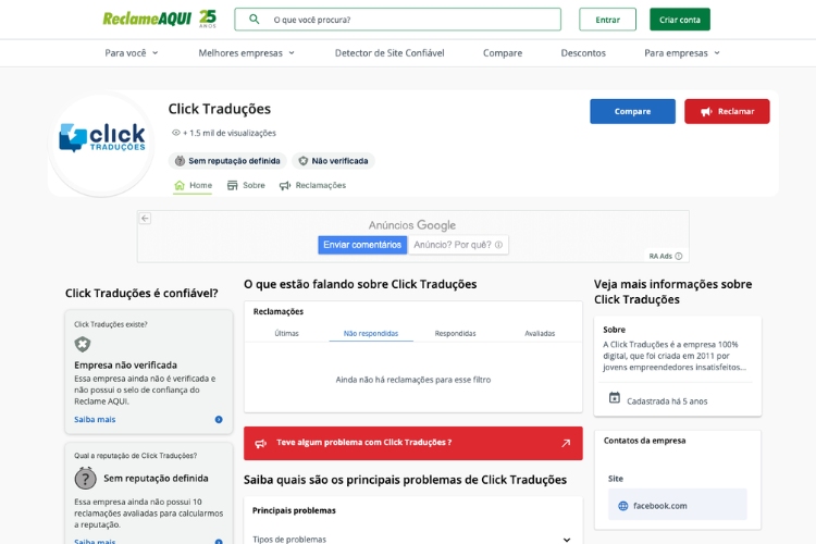 Avaliação Click Traduções no Reclame Aqui