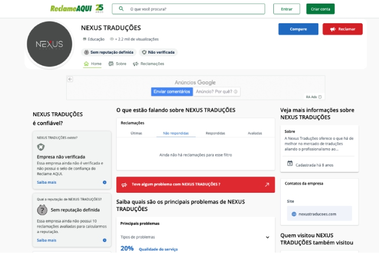 Avaliação da Nexus Traduções no Reclame Aqui