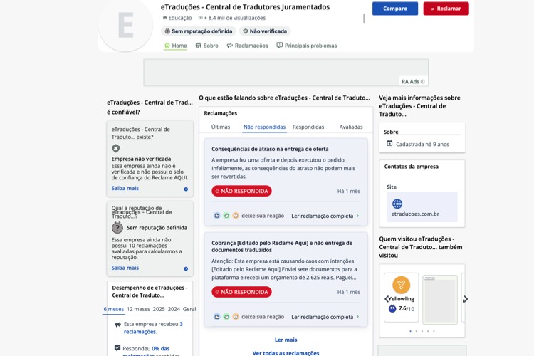 Avaliação da eTraduções no Reclame Aqui.