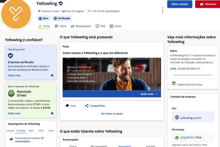Avaliação da Yellowling no Reclame Aqui.