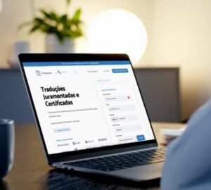 Mulher usa computador para traduzir documentos na eTraduções.