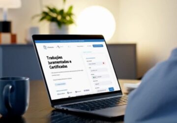 Mulher usa computador para traduzir documentos na eTraduções.