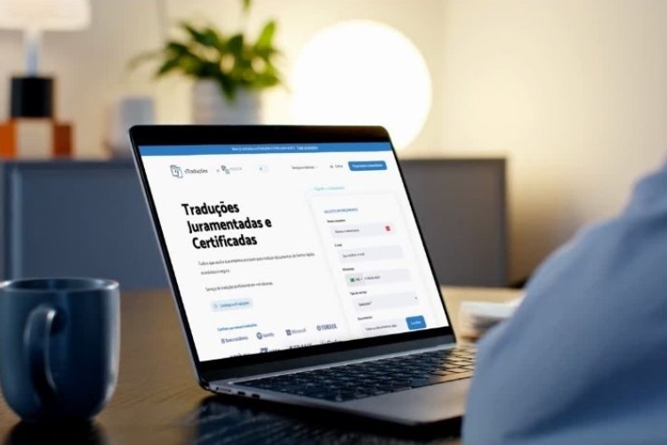 Mulher usa computador para traduzir documentos na eTraduções.